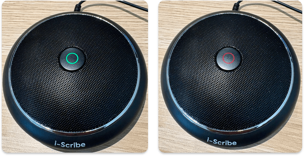 The i-scribe microphone button shown in two states: green when the microphone is not muted, and red when it is muted.