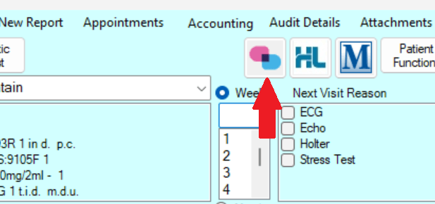 Shexie Platinum patient clinical record toolbar with the pink and blue i-scribe icon highlighted by a red arrow