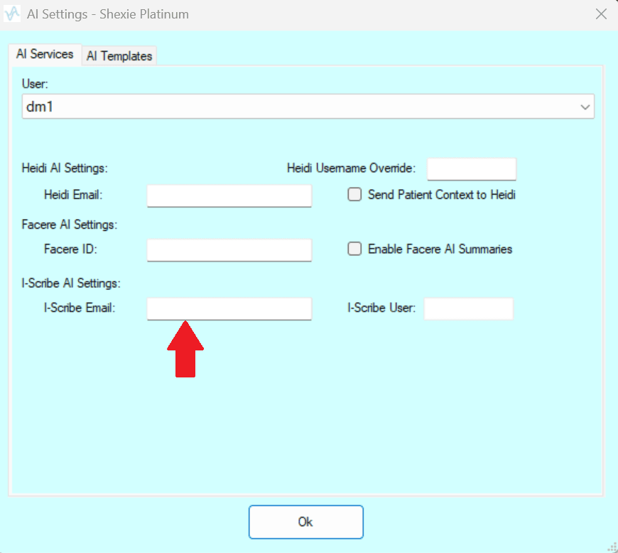 Shexie Platinum AI Settings panel showing Heidi, Facere, and I-Scribe AI Settings fields, with a red arrow pointing at the I-Scribe Email field