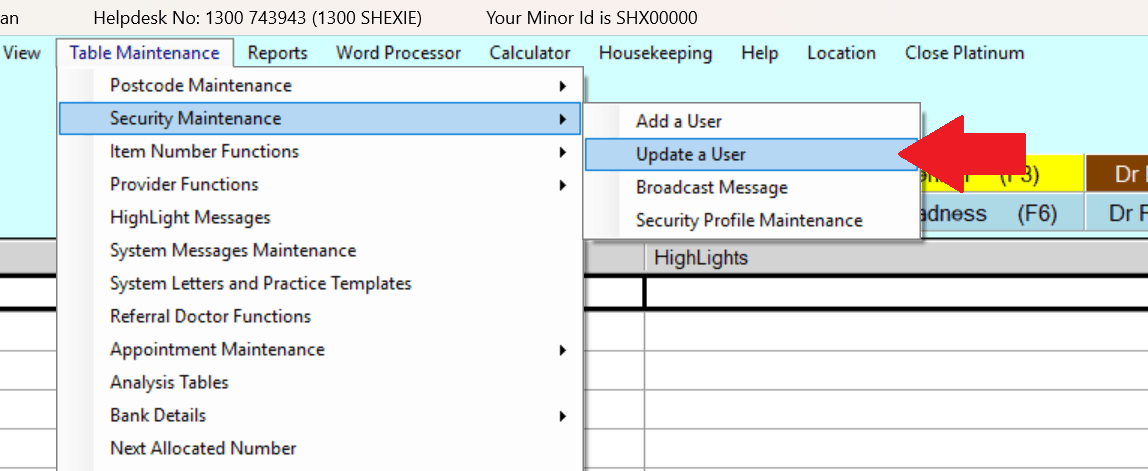 Shexie Platinum Table Maintenance menu expanded to Security Maintenance then Update a User