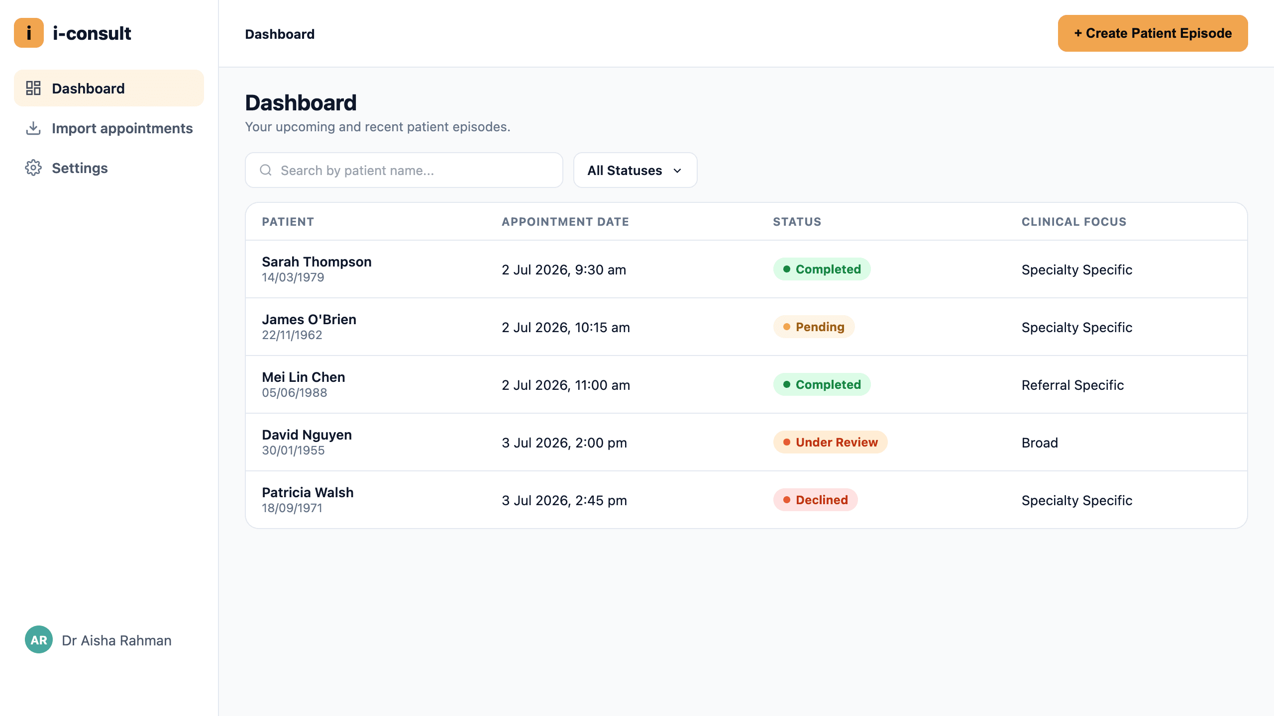 The i-consult dashboard: each row is a patient episode, with its appointment time, status and clinical focus.