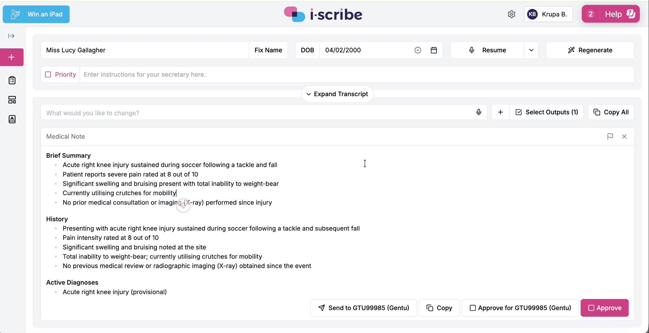 An i-scribe Medical Note output with the text cursor placed in a line and a microphone marker shown at that point, indicating where the dictated edit will be applied.