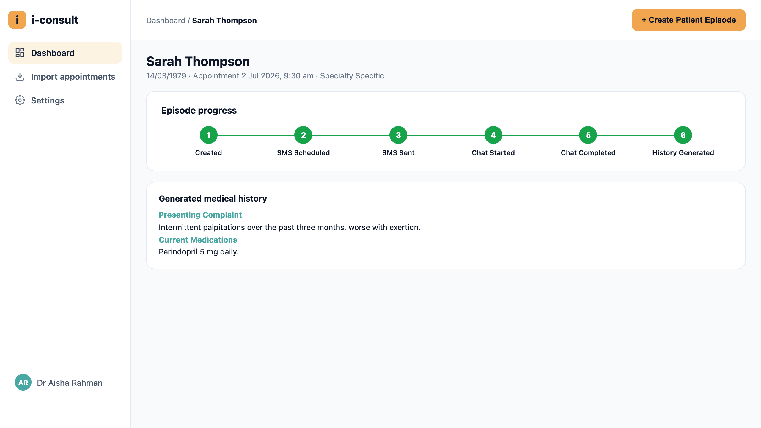 An episode's status stepper, from Created through to History Generated.