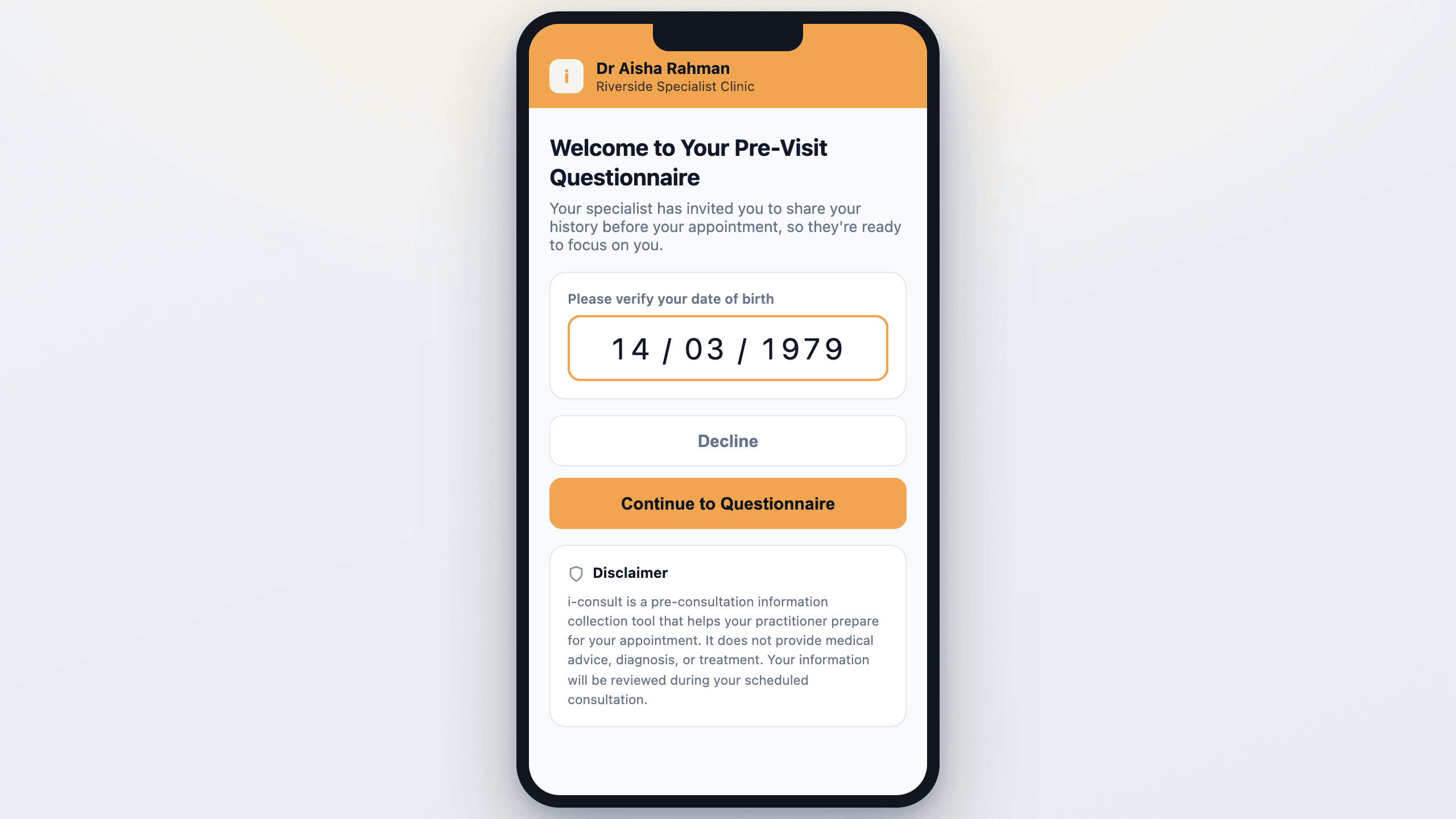 The landing page a patient sees after tapping their SMS link — your name up top, then date-of-birth verification.